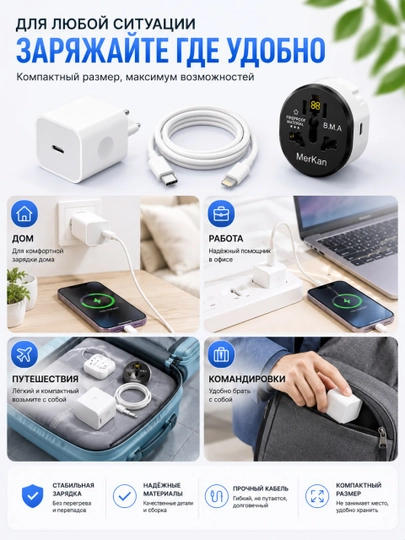 Зарядное устройство для iPhone 20Вт, кабель Lightning, с переходником