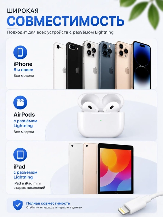 Зарядное устройство для iPhone 20Вт, кабель Lightning, с переходником