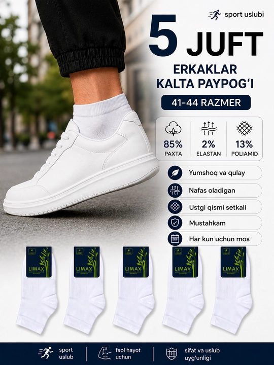 Erkaklar kalta paypog'i, ustki setkali paypoq, 5 va 10 juft, 41-45 o‘lcham, 85% paxta