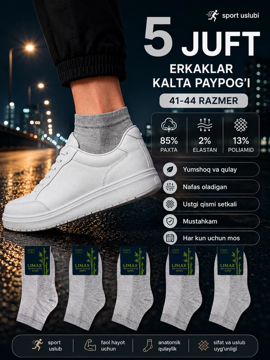 Erkaklar kalta paypog'i, ustki setkali paypoq, 5 va 10 juft, 41-45 o‘lcham, 85% paxta