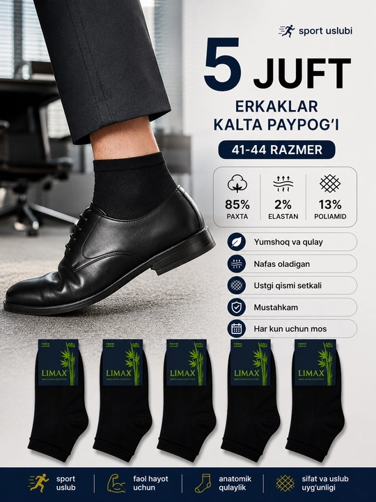 Erkaklar kalta paypog'i, ustki setkali paypoq, 5 va 10 juft, 41-45 o‘lcham, 85% paxta