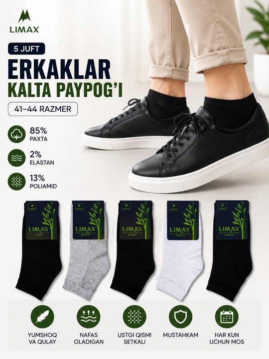 Erkaklar kalta paypog'i, ustki setkali paypoq, 5 va 10 juft, 41-45 o‘lcham, 85% paxta
