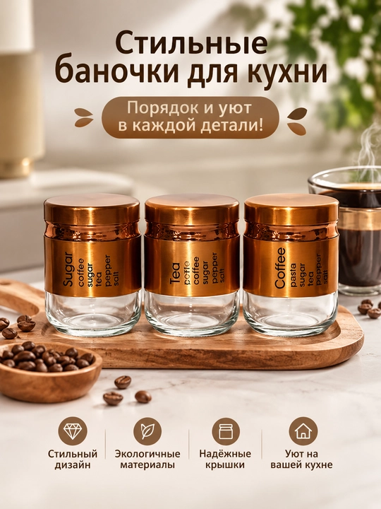 Набор стеклянных банок для хранения сыпучих продуктов, 3 шт, для кухни - 