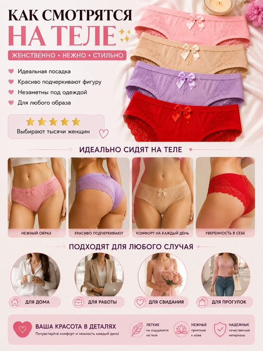 Ayollar ichki kiyimi DAISHUSHU 4 dona to‘plam, dantelli, paxtali, nafas oluvchi, bantikli, XL