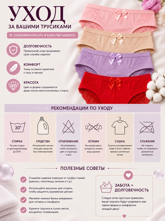 Ayollar ichki kiyimi DAISHUSHU 4 dona to‘plam, dantelli, paxtali, nafas oluvchi, bantikli, XL