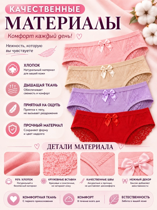 Ayollar ichki kiyimi DAISHUSHU 4 dona to‘plam, dantelli, paxtali, nafas oluvchi, bantikli, XL