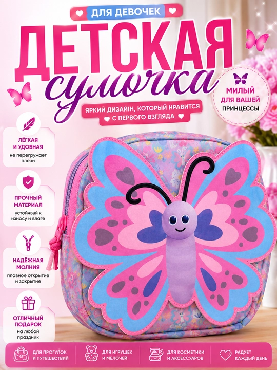 Девочкам для садика, Детский рюкзак для девочки с большой бабочкой, розовый - 