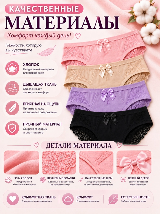 Ayollar ichki kiyimi DAISHUSHU 4 dona to‘plam, dantelli, paxtali, nafas oluvchi, bantikli, XL