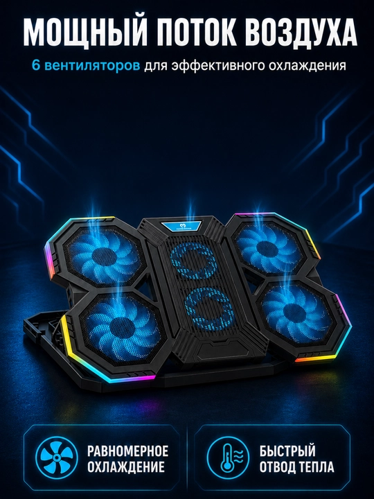 Охладитель для ноутбука, 4/5/6 вентиляторов, LED, USB, регулировка наклона