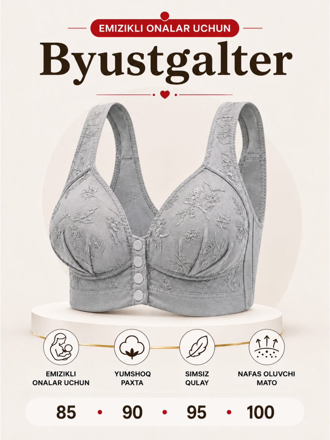 Emizikli onalar uchun byustgalter, paxtali simsiz tugmali lifchik 85–100 - 