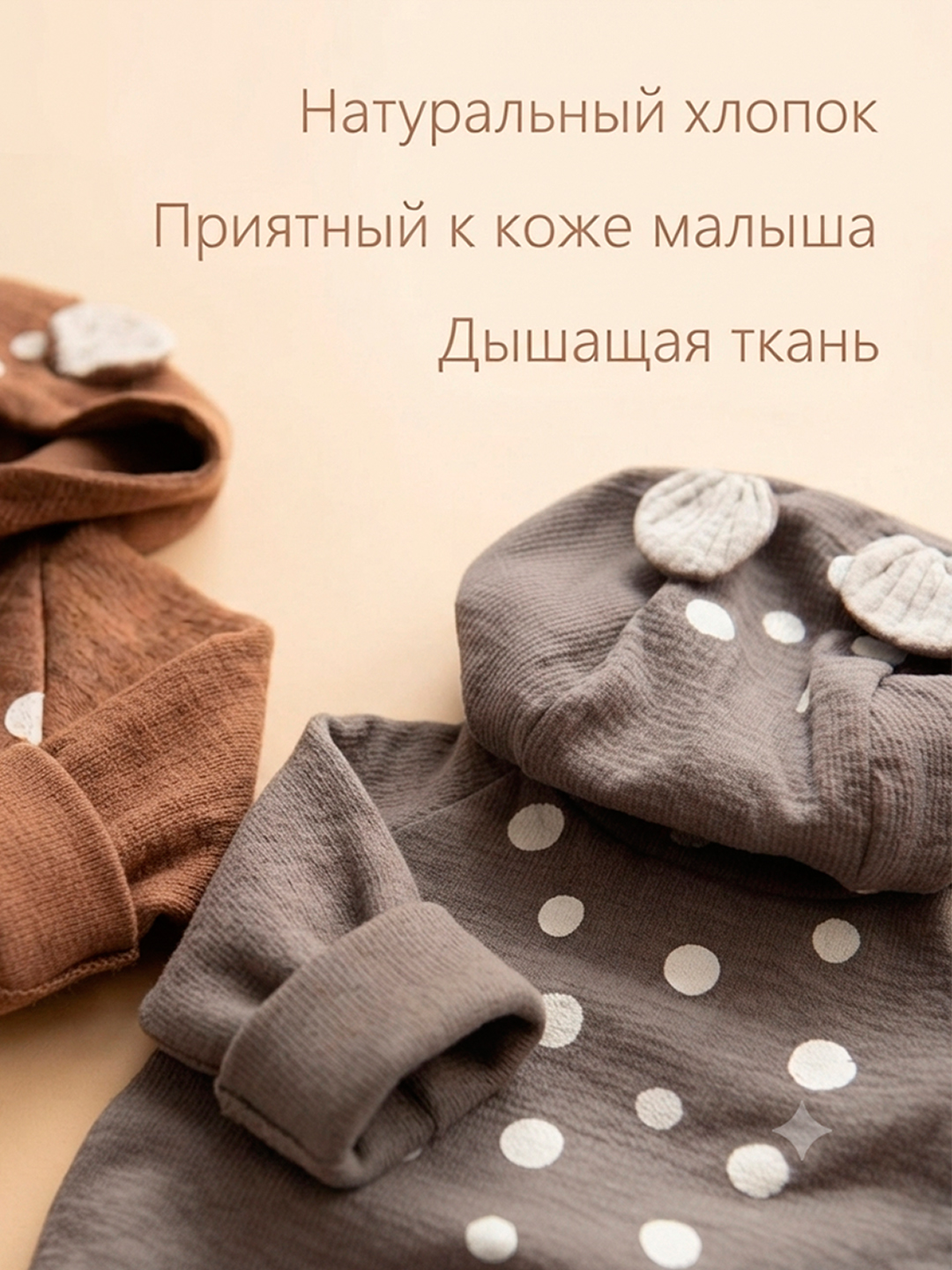 Детский хлопковый комбинезон, с капюшоном и ушками для малышей, боди на молнии