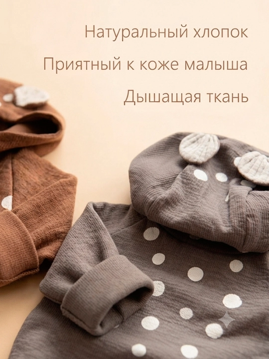 Детский хлопковый комбинезон, с капюшоном и ушками для малышей, боди на молнии