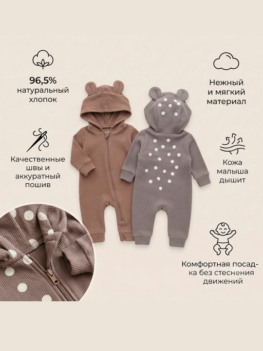 Детский хлопковый комбинезон, с капюшоном и ушками для малышей, боди на молнии