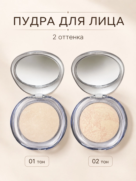 Пудра для лица, компактная, тон 01, 02