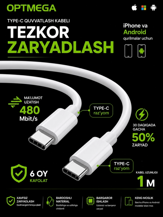 IPhone uchun Type-C to Lightning kabel, iPhone X, 11, 12, 13, 14 uchun zaryadlovchi kabel - 