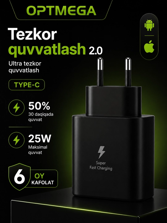 Samsung 25W PD Type-C zaryad adapteri, super tez quvvatlash - 