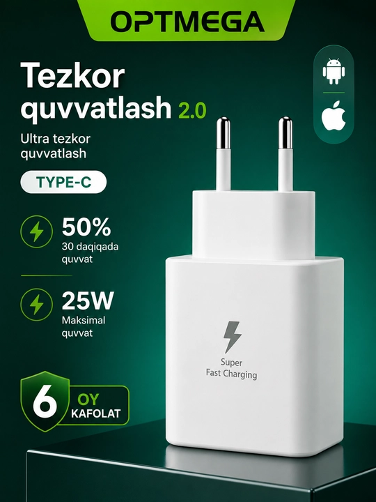 Samsung 25W PD Type-C zaryad adapteri, super tez quvvatlash - 