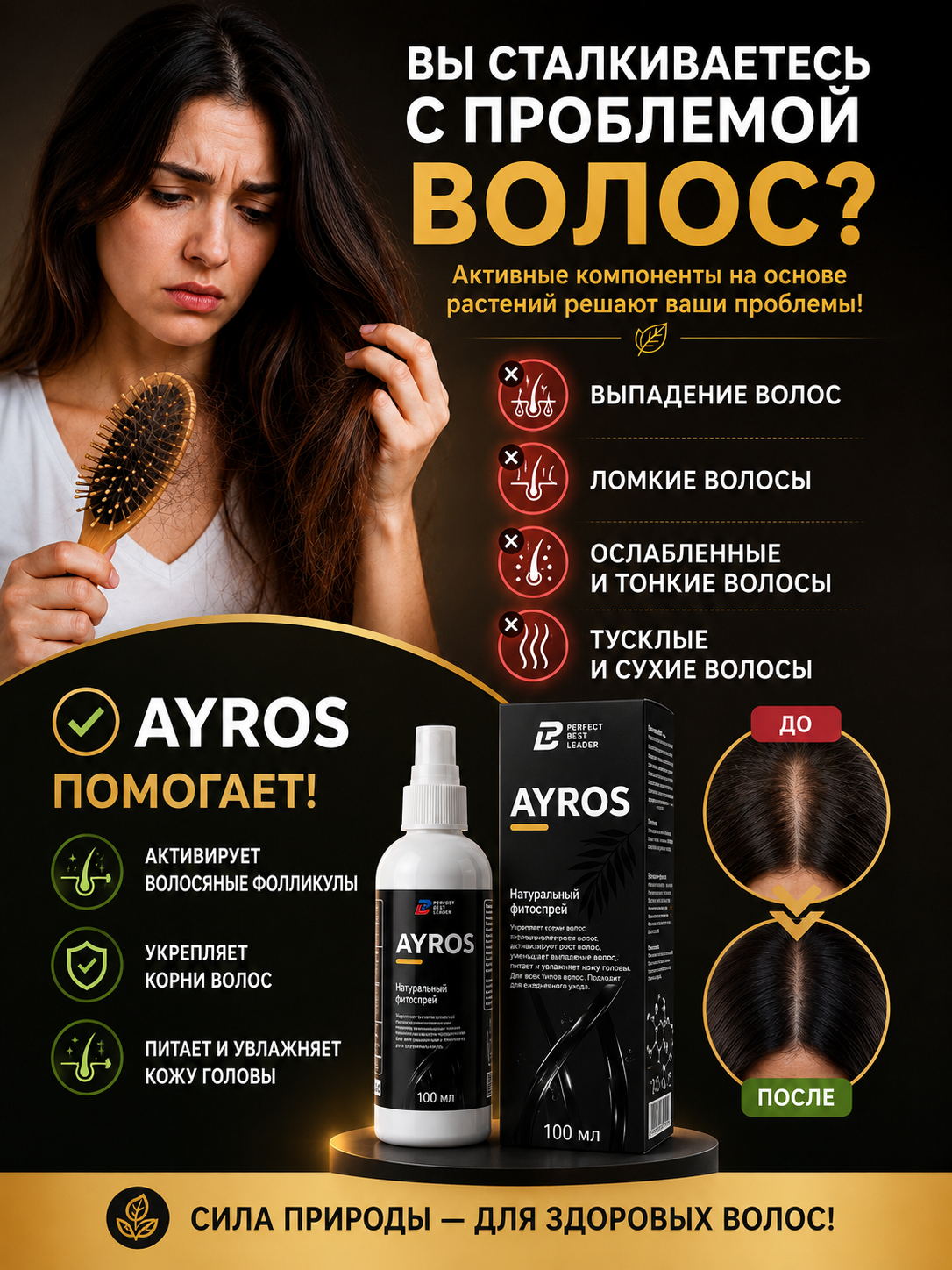 AYROS — мощный фитоспрей для роста новых волос и остановки выпадения