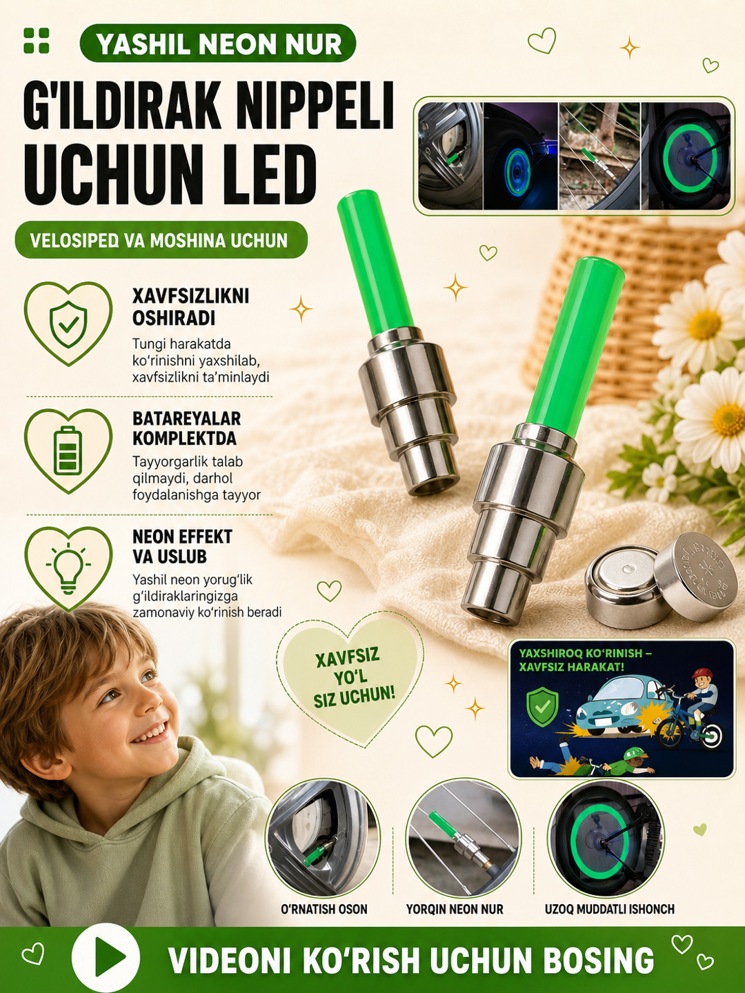Velosiped va avtomobil uchun g'ildirak nippeli LED chirog'i  - 