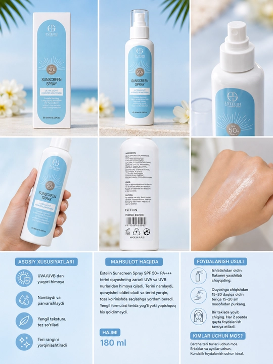 SPF 50 Quyoshdan himoya spreyi oqartiruvchi namlovchi yuz va tana uchun, 180 ml