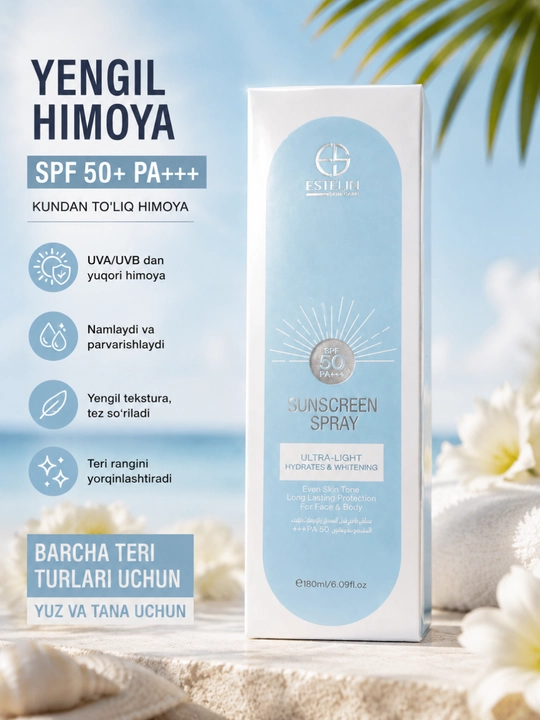 SPF 50 Quyoshdan himoya spreyi oqartiruvchi namlovchi yuz va tana uchun, 180 ml