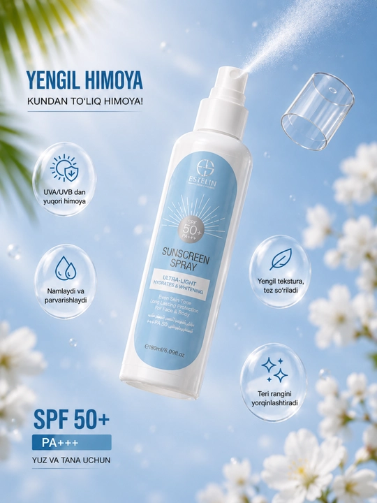 SPF 50 Quyoshdan himoya spreyi oqartiruvchi namlovchi yuz va tana uchun, 180 ml