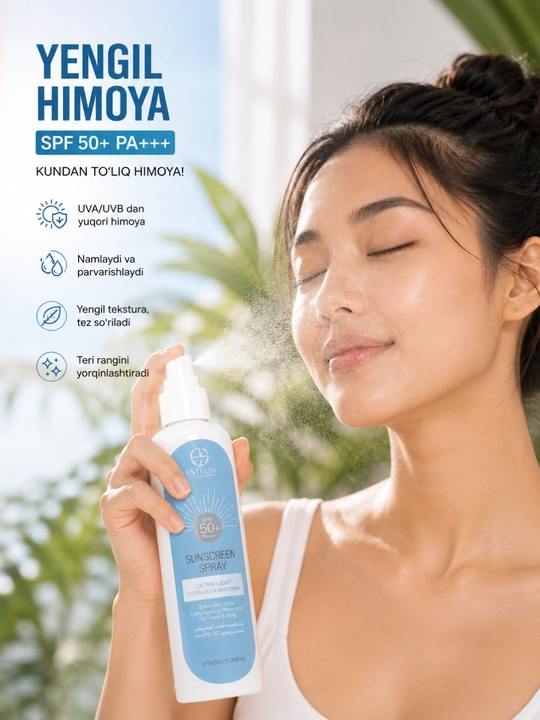SPF 50 Quyoshdan himoya spreyi oqartiruvchi namlovchi yuz va tana uchun, 180 ml - 