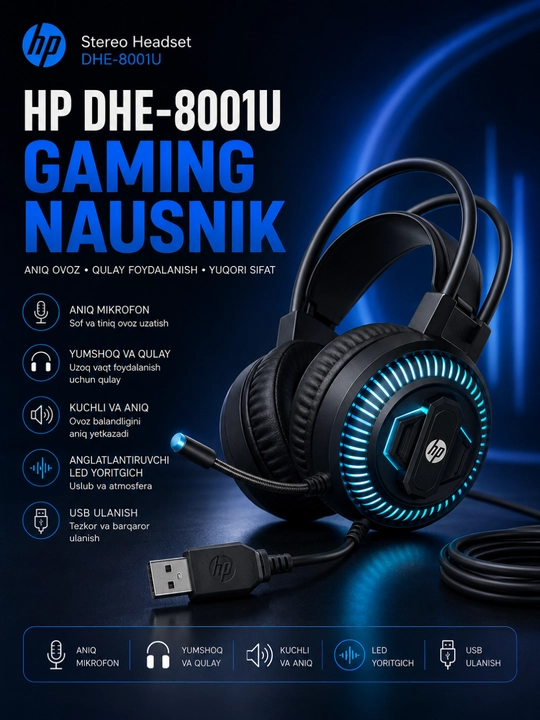 Hp stereo headset dhe-8001u usb гарнитура с микрофоном для пк и ноутбука черная usb - 