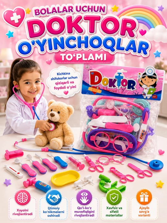 Bolalar uchun shifokor o‘yinchoqlar to‘plami, stetoskop va tibbiy anjomlar bilan