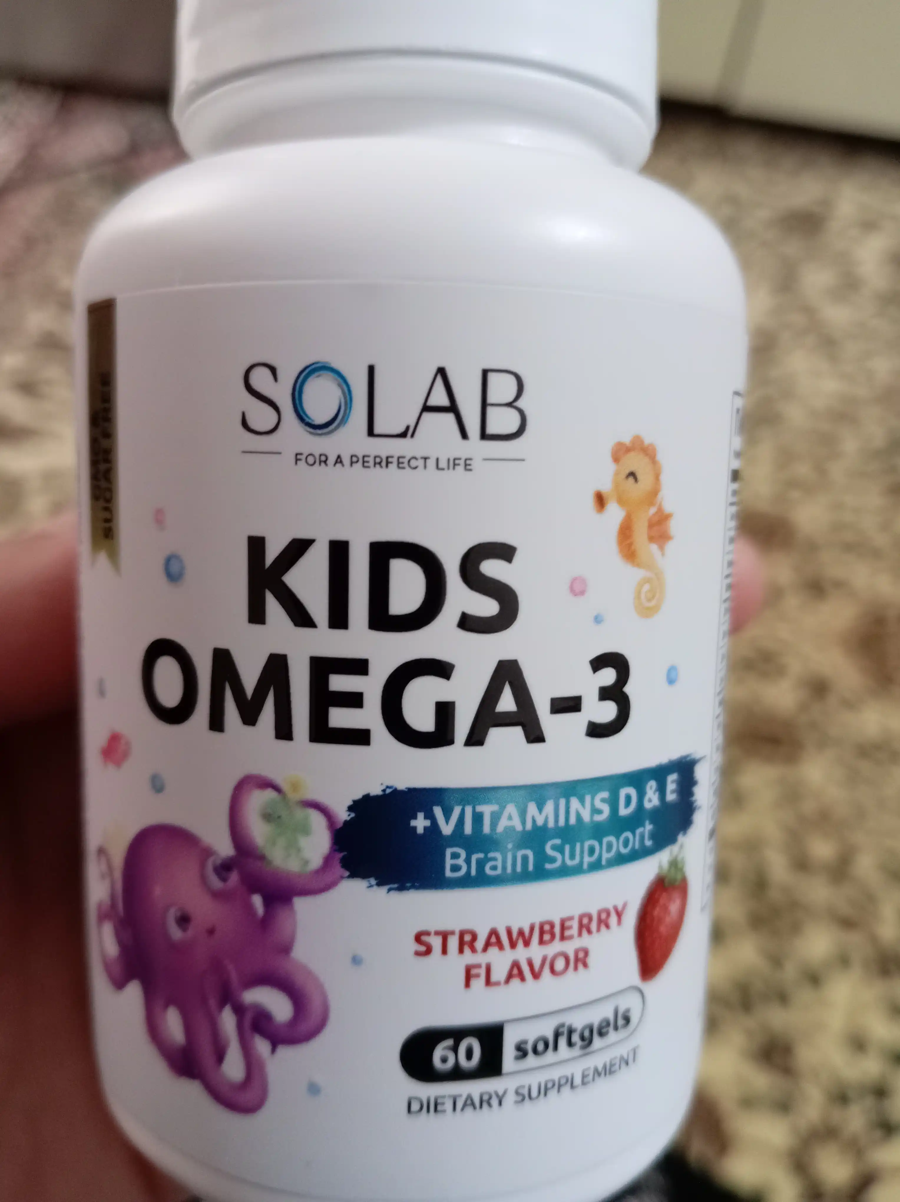 Omega-3, SOLAB, bolalar uchun + D va E vitamini bilan, qulupnay ta'mi, 60 kapsula