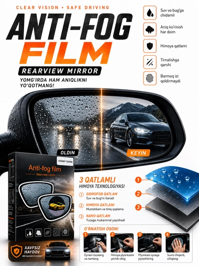 Avtomobil yon oynalari uchun suv o'tmas gidrofob plyonka, Anti-Fog Film - 