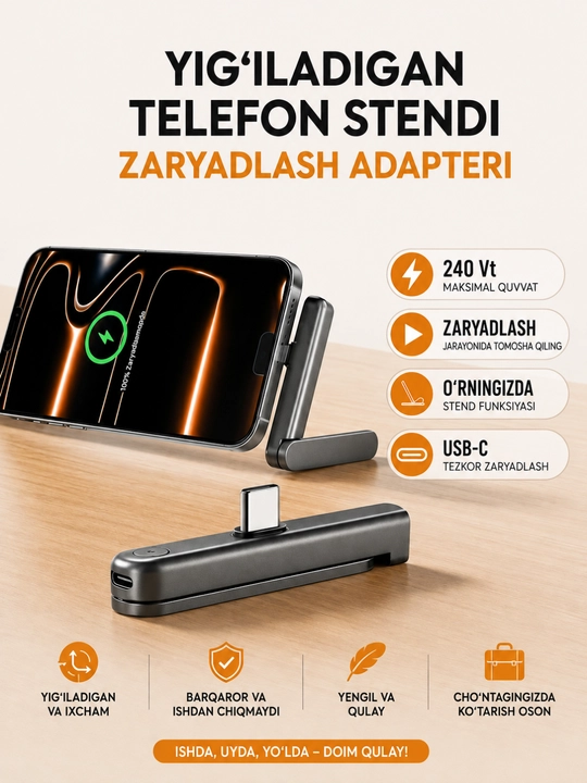 Buklanadigan telefon stendi (podstavka) zaryadlovchi adapteri ikkitasi birda  (Gunmetal) - 