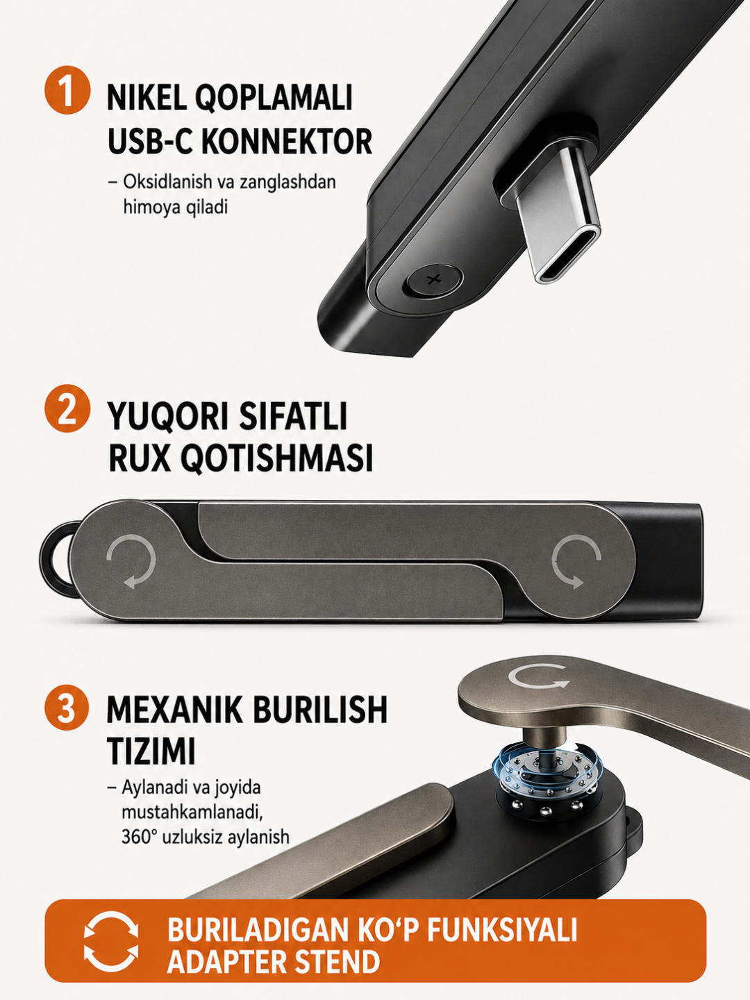 Buklanadigan telefon stendi (podstavka) zaryadlovchi adapteri ikkitasi birda  (Gunmetal)