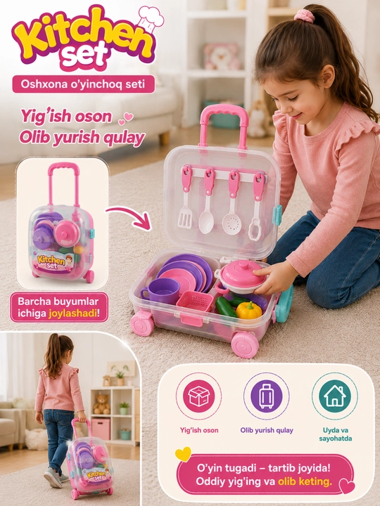 Bolalar uchun g‘ildirakli oshxona o‘yinchoqlar to‘plami, idishlar va tortqichli quti bilan