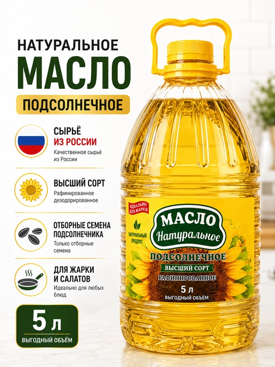 Подсолнечное масло натуральное, рафинированное, высший сорт, 5 л - 