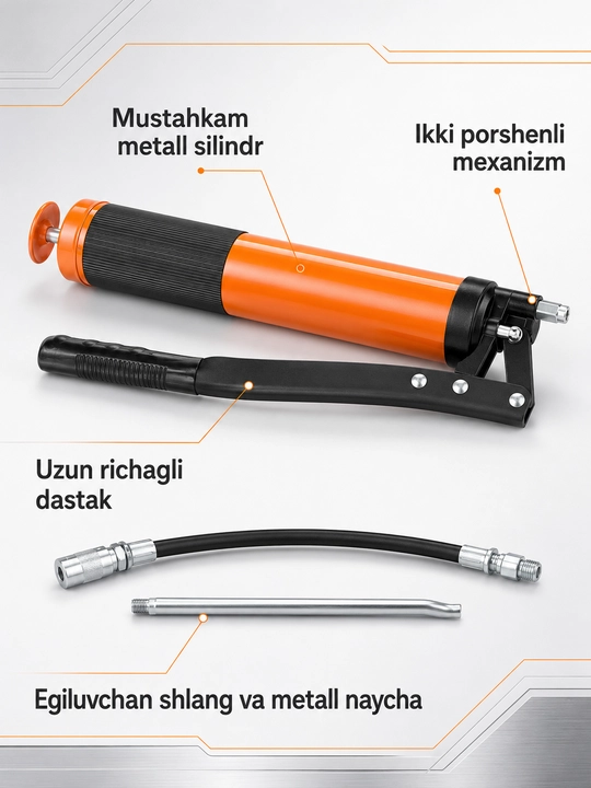 Ikki porshenli qo‘l moylash shpritsi, shlang, metall naycha va plastik quti to‘plamda bor