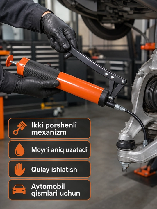 Ikki porshenli qo‘l moylash shpritsi, shlang, metall naycha va plastik quti to‘plamda bor
