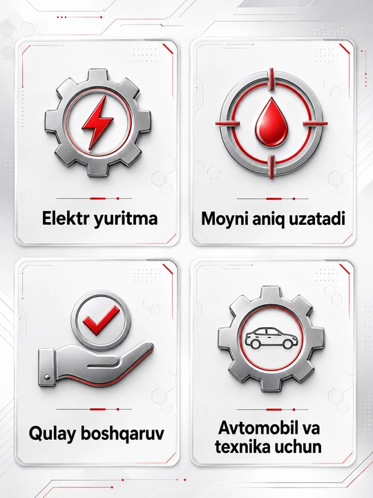 Ikki porshenli qo‘l moylash shpritsi, shlang, metall naycha va plastik quti to‘plamda bor