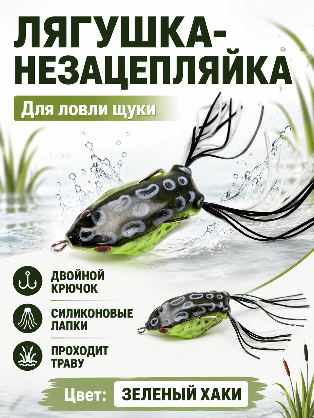 Лягушка-незацепляйка для щуки, силиконовая приманка с двойным крючком