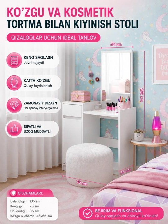 Ko'zgu va kosmetik tortma bilan kiyinish stoli - 
