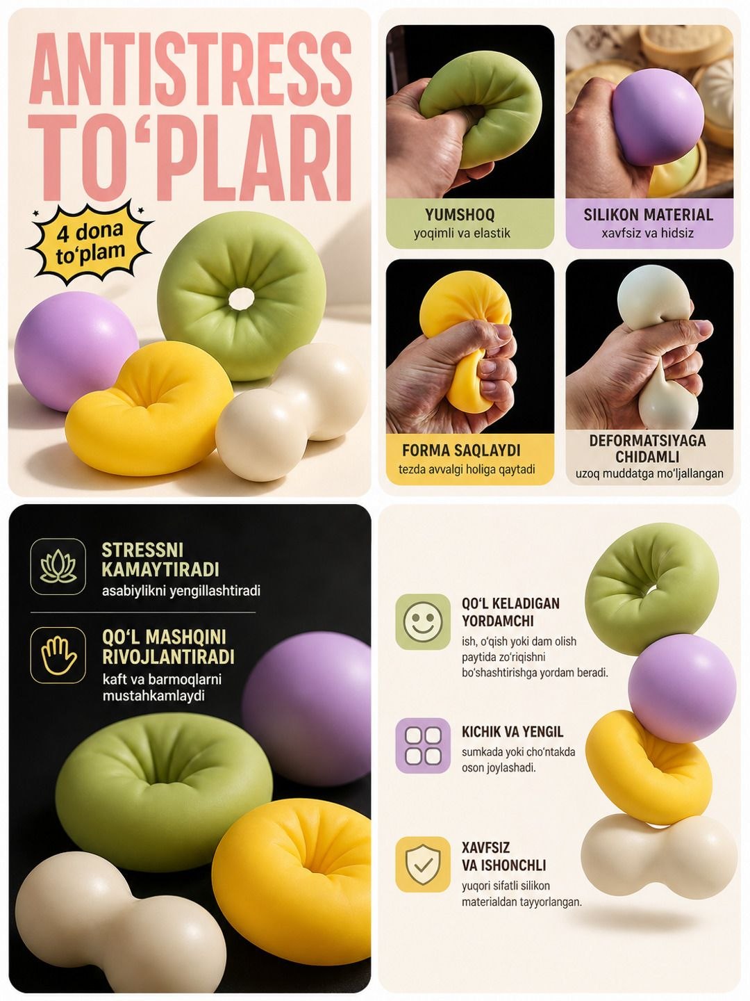 "Skvishi" (squishies) nomi bilan tanilgan ushbu yumshoq antistress o‘yinchoqlar