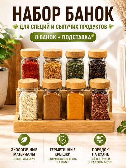 Набор стеклянных банок для специй с бамбуковой подставкой и крышками, 8 штук