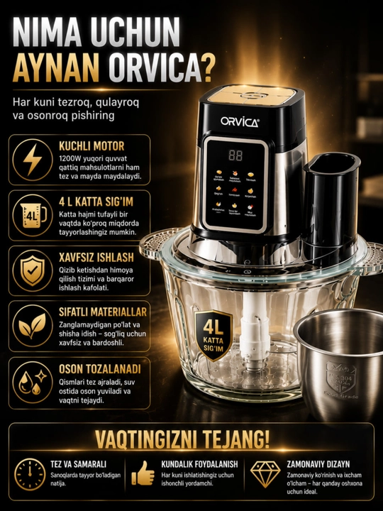 Elektr maydalagich ORVICA ORM , 9 in 1, 4L ko‘p funksiyali oshxona kombayni