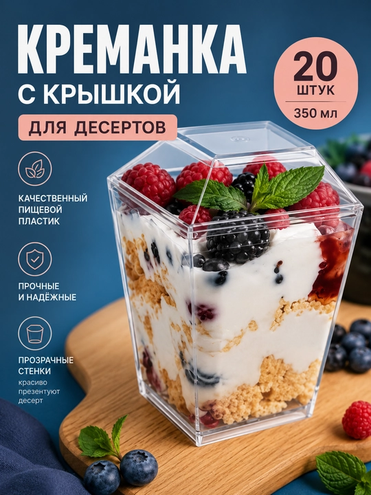 Desertlar uchun kremanka, qopqoqli, 350 ml, 20 dona, trayflar, musslar va chizkeyklar uchun idish - 