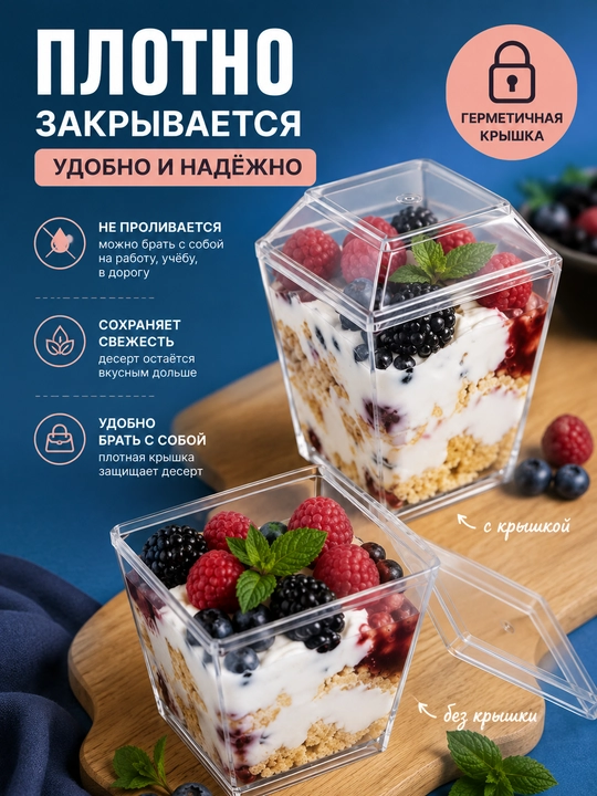 Креманка для десертов, с крышкой, 350 мл, 20 шт, контейнер для трайфлов, муссов и чизкейков