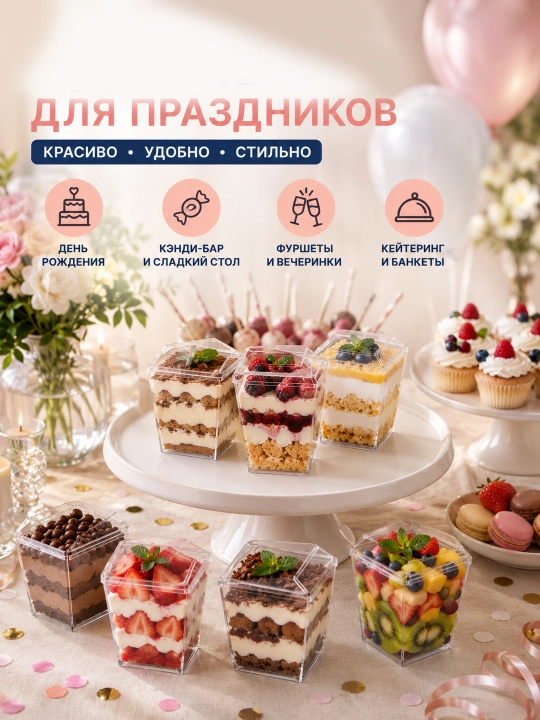 Креманка для десертов, с крышкой, 350 мл, 20 шт, контейнер для трайфлов, муссов и чизкейков