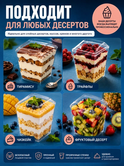 Креманка для десертов, с крышкой, 350 мл, 20 шт, контейнер для трайфлов, муссов и чизкейков