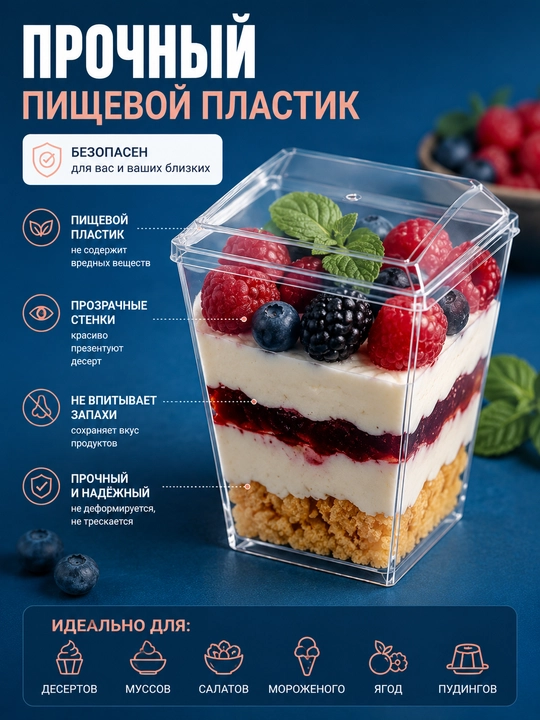 Креманка для десертов, с крышкой, 350 мл, 20 шт, контейнер для трайфлов, муссов и чизкейков