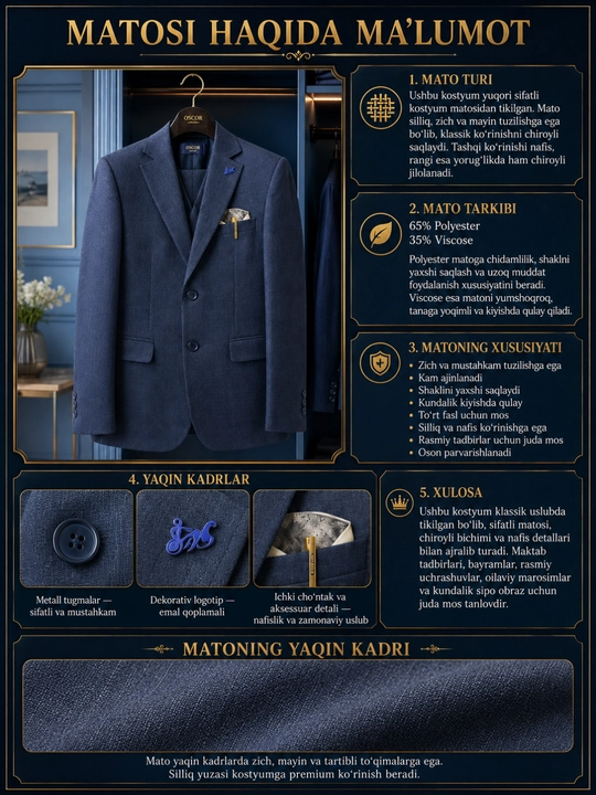 OSCOR erkaklar klassik kostyumi, rasmiy uslubda, ikki tugmali