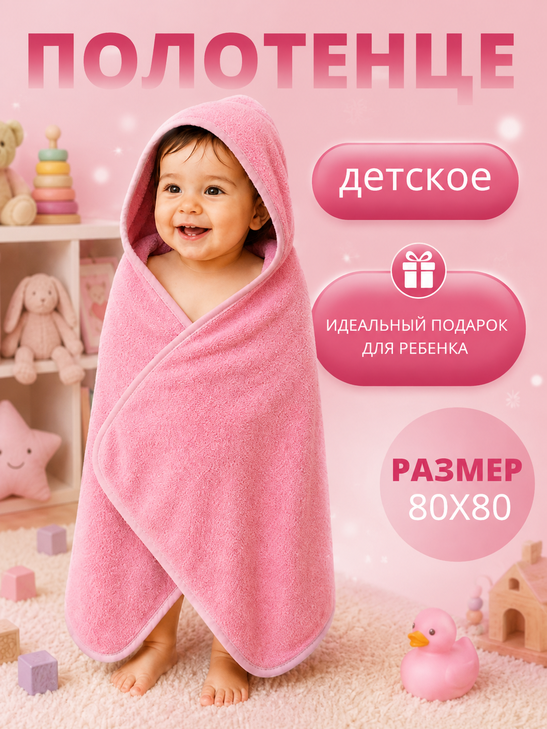 Полотенце детское с капюшоном, 100х100см микрофибра, банное, для лица и тела - 